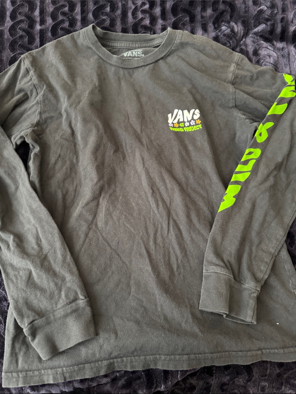 Vans Black Long-Sleeve Tee with Neon Green Sleeve Script